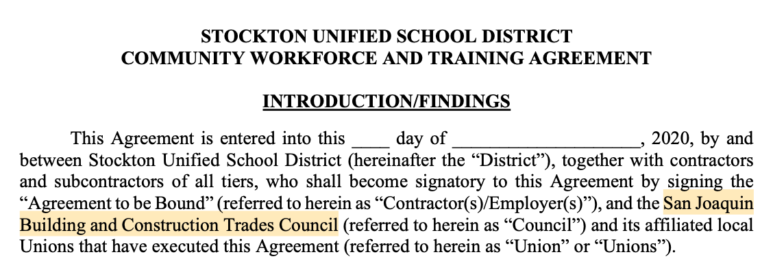 Stockton Unified School District to Impose Project Labor Agreement on